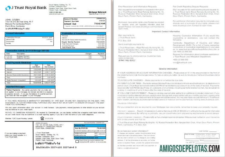 Extrato de hipoteca do Camboja J Trust Royal Bank, 2 páginas, 1 2 Scr amostra